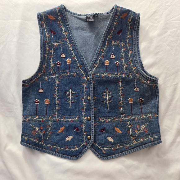 fresh Jackets & Blazers - Vintage 90s Embroidered Birdhouse Denim Vest Cottagecore L